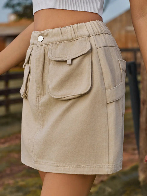 'Mariah' Elastic Waist Denim Skirt With Pockets - Celes Fashion